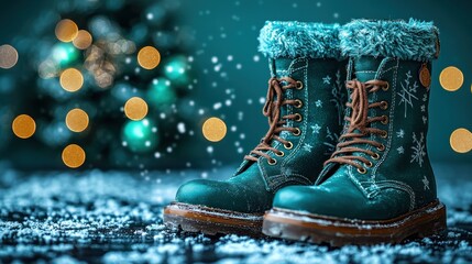 Cozy winter boots on a snowy surface with festive background.