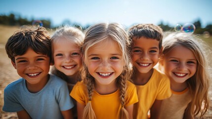 Fototapeta premium Joyful children smiling together outdoors under the bright sun during summer.