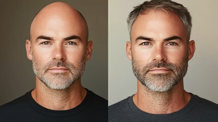 Portrait of a man with a beard and short hair, showcasing different expressions.