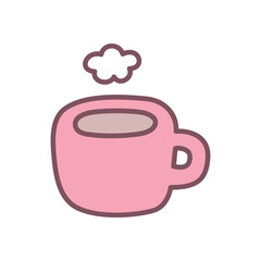 Kawaii coffee cup icon. Hand drawn illustration of a steamed mug of hot drink isolated on a white background. Vector 10 EPS.