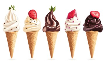 illustration of an ice cream set. Different types and tastes of cold desserts cups cones soft serve bars sticks popsicles frozen juice in waffles and on sticks. Vintage hand-drawn style generative ai	