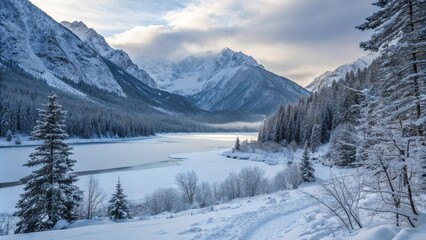 Fototapeta premium Frosty mountainside with snow-capped peaks and frozen lakes, icy, frozen waterfall