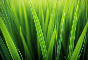 Close-up shot of a single rice plant with vibrant green leaves and a delicate stalk of ripening rice grains. The leaves are glistening with morning dew and the sunlight filters through them