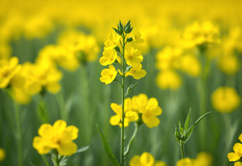 Obraz premium Close-up shot of a single rapeseed plant, highlighting its bright yellow flowers, its delicate green leaves and the rough texture of the stalk. The sun casts a warm, golden light on the rapeseed