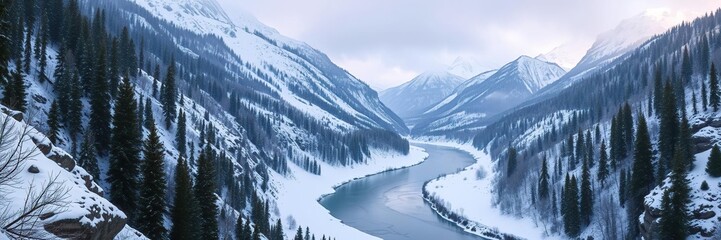 Obraz premium Serene winter landscape with a majestic frozen river winding through a steep canyon surrounded by snow-capped mountains and evergreen trees, frozen terrain, icy waters, alpine beauty