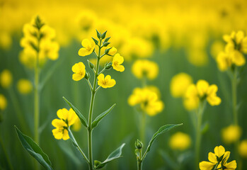 Obraz premium Close-up shot of a single rapeseed plant, highlighting its bright yellow flowers, its delicate green leaves and the rough texture of the stalk. The sun casts a warm, golden light on the rapeseed