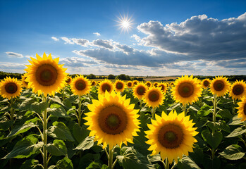 Obraz premium A mid range shot of a cluster of sunflowers facing the sun in a field. The sunflowers are a uniform yellow, with the stalks bending gracefully towards the sun. The sunlight casts long shadows