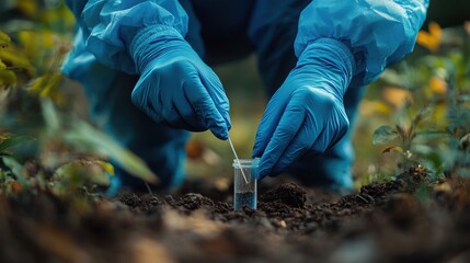 Naklejka premium Close up of hands in blue gloves wearing medical protective suit, taking soil samples 