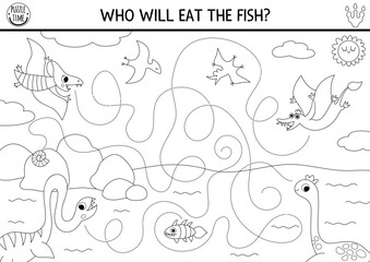 Vector black and white handwriting practice worksheet with dinosaurs. Prehistoric line printable maze, labyrinth or drawing activity with ancient animals and food. Tracing coloring page with fish