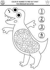 Vector line dinosaur color by number activity with T-rex and food in his stomach. Prehistoric black and white counting game. Simple coloring page for kids with tyrannosaur and what he has eaten