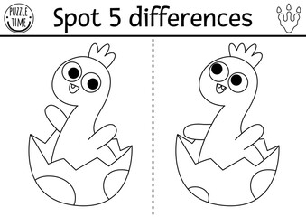 Find differences game for children. Dinosaur black and white educational activity with baby brachiosaur in egg. Line puzzle for kids with little ancient animal. Printable worksheet, coloring page