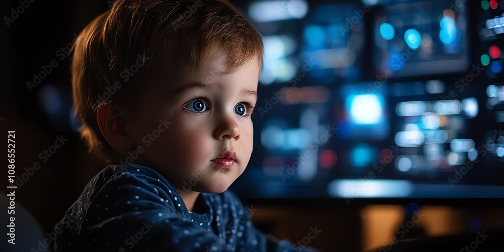 Poster a young child with blue eyes looking at a computer screen with many windows open.