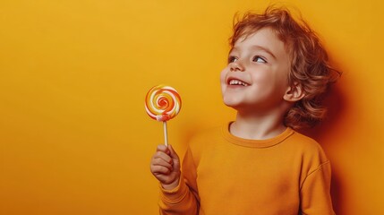 Child holding a colorful lollipop against an orange background.