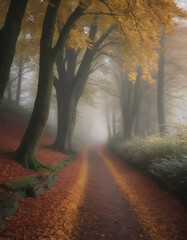 Autumn Forest with Golden Foliage and Misty Path