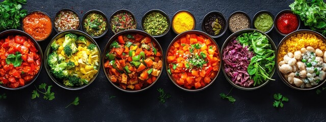 Fototapeta premium Different dishes images, Food items, Different cuisines images, Nature's Bounty, Fresh Fruits and Vegetables in a Row