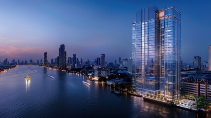 Obraz premium Cityscape at Dusk with Modern Skyscraper Reflection