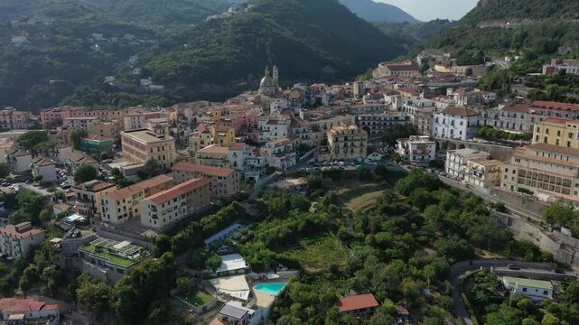 Aerial view of the sea, promenade and central part of the town of Vietri sul Mare on a sunny summer day, Raite, Salerno, Italy
