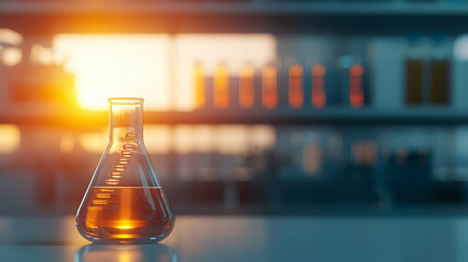 Golden Hour Chemistry:  A single Erlenmeyer flask filled with amber liquid sits on a lab bench, bathed in the warm glow of a setting sun. The blurred background hints at a busy laboratory.