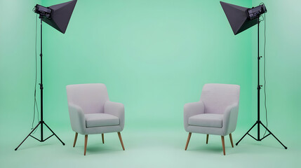 Green Screen Studio Setup: Two plush armchairs stand ready for interview subjects, illuminated by professional lighting against a vibrant green backdrop.