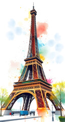 watercolor art, painting of an eiffel tower in paris with colorful splashes, in the style of spectacular backdrops, colorful cityscapes