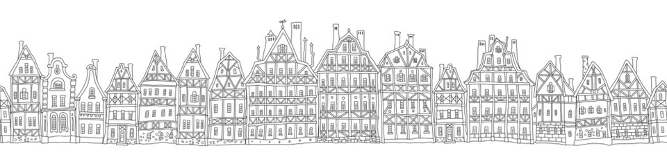 Seamless border pattern. Fairy tale half-timbered houses, medieval European town street panorama Coloring book page