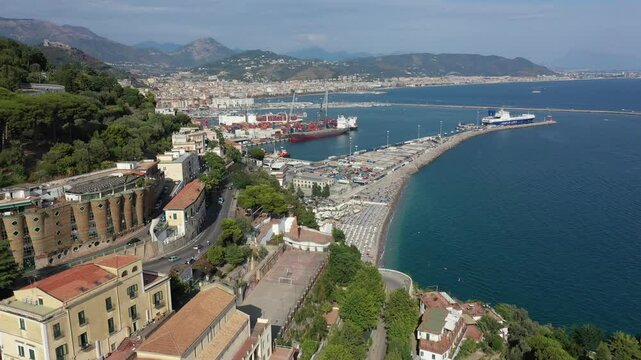 Aerial view of the sea, promenade and central part of the town of Vietri sul Mare on a sunny summer day, Raite, Salerno, Italy