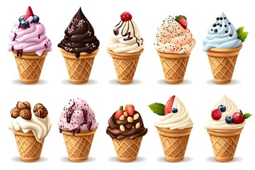 illustration of an ice cream set. Different types and tastes of cold desserts cups cones soft serve bars sticks popsicles frozen juice in waffles and on sticks. Vintage hand-drawn style generative ai