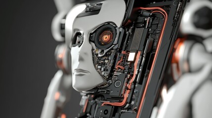 Fototapeta premium Close-up of smartphone with robotic shell and visible AI brain, digital rendering