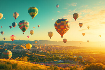 Obraz premium International Balloon Fiesta, hundreds of vibrant hot air balloons floating in the high air over hilly landscape at golden hour