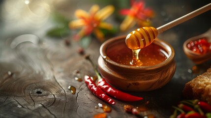 A bowl of hot honey with wooden spoon. Red chili peppers on a table. Copy space. Spicy-sweet food concept.