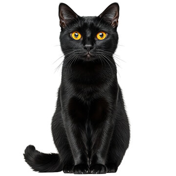 recommend clip art: A black cat with glowing orange eyes, Halloween theme, dark and spooky, isolated on transparent background PNG transparent.