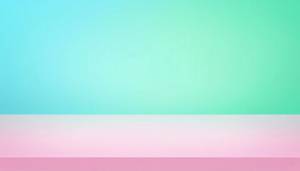Fototapeta premium 水色と緑のグラデーションの壁とピンク色のテーブルの背景