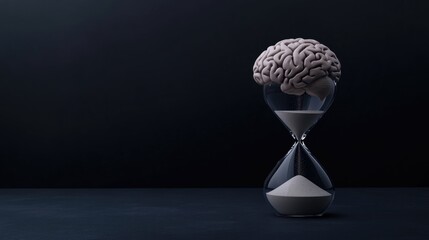 Minimalist concept of a brain in an hourglass with sand trickling, representing mental strain over time