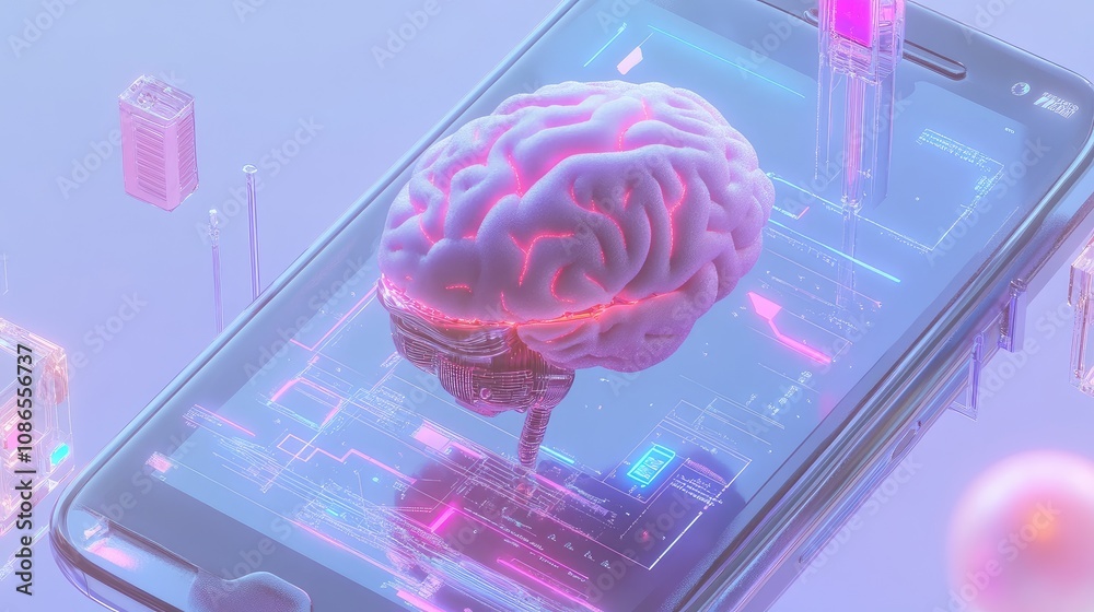 Poster mobile device with ai brain and robotic features, concept of intelligent tech with a digital focus