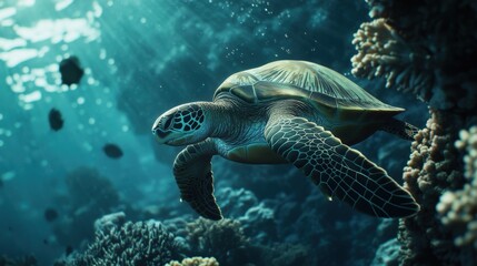 Obraz premium Oceanic Green Sea Turtle Gracefully Swimming Coral Reef