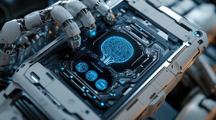 Mobile device with AI brain core and robotic frame, metallic futuristic design showcasing tech