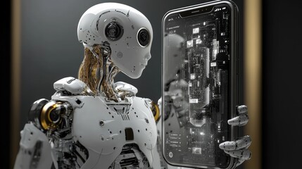 Fototapeta premium Mobile phone with exposed AI brain and robotic framework, concept of next-gen intelligent tech