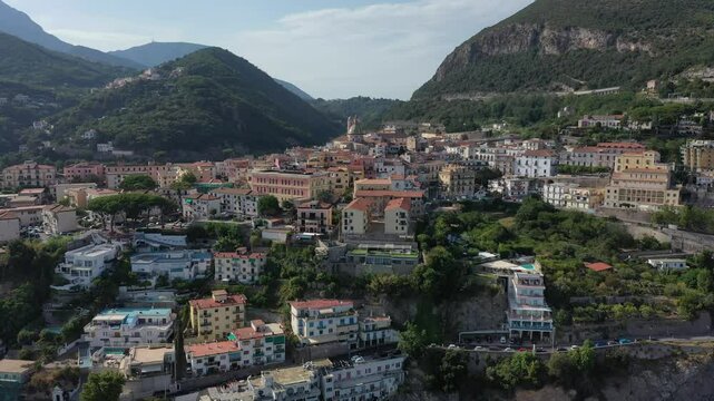 Aerial view of the sea, promenade and central part of the town of Vietri sul Mare on a sunny summer day, Raite, Salerno, Italy
