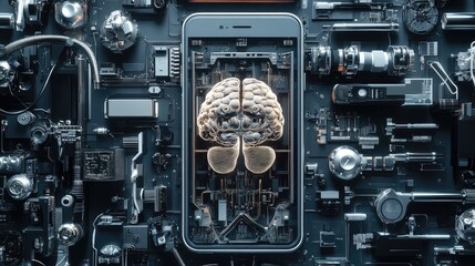 Fototapeta premium Phone with AI brain in middle, surrounded by robotic parts, advanced technology design