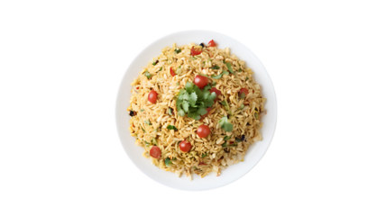 A bhel puri plate with puffed rice, sev, tamarind chutney, diced onions, and tomatoes, garnished with fresh cilantro, isolated on a transparent background.