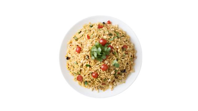 A bhel puri plate with puffed rice, sev, tamarind chutney, diced onions, and tomatoes, garnished with fresh cilantro, isolated on a transparent background.