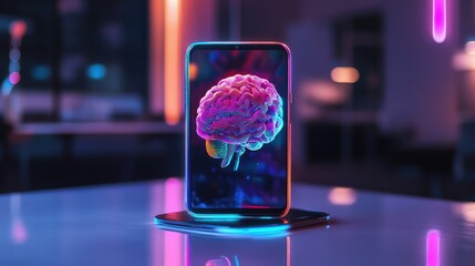 Robotic smartphone with a vibrant AI brain in the middle, symbolizing advanced machine learning capabilities