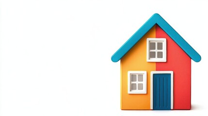 A toy house with working doors and windows, vibrant colors, plastic material, isolated on white background