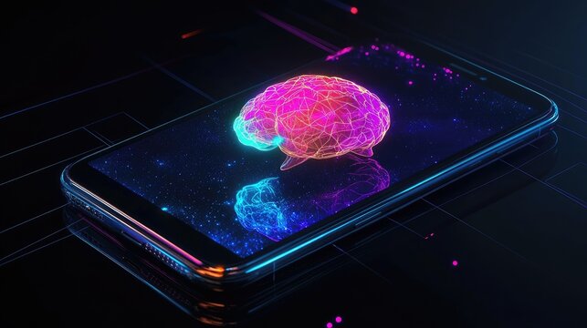 Robotic smartphone with a vibrant AI brain in the middle, symbolizing advanced machine learning capabilities