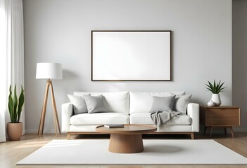 A modern living room with a white sofa, a wooden coffee table, and a large framed blank wall