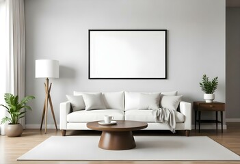 A modern living room with a white sofa, a wooden coffee table, and a large framed blank wall