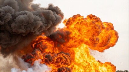 A large explosion in the air, featuring intense orange flames and thick, billowing smoke clouds, isolated on white background