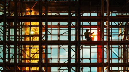 Obraz premium Industrial Construction Worker Silhouette, Steel Structure, Hot Metal