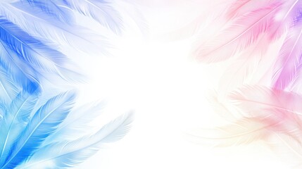 Fototapeta premium A soft, pastel gradient background featuring delicate feathers in blue and pink, creating a serene and airy atmosphere.