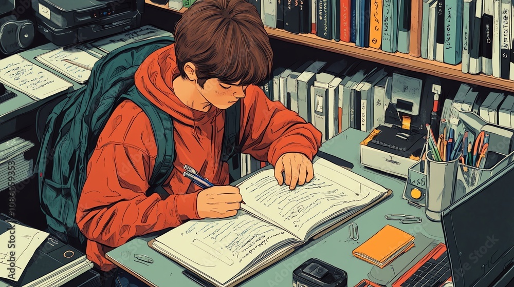 Poster a young man in a red hoodie sits at a desk with a backpack, books, and a laptop, writing in a notebo